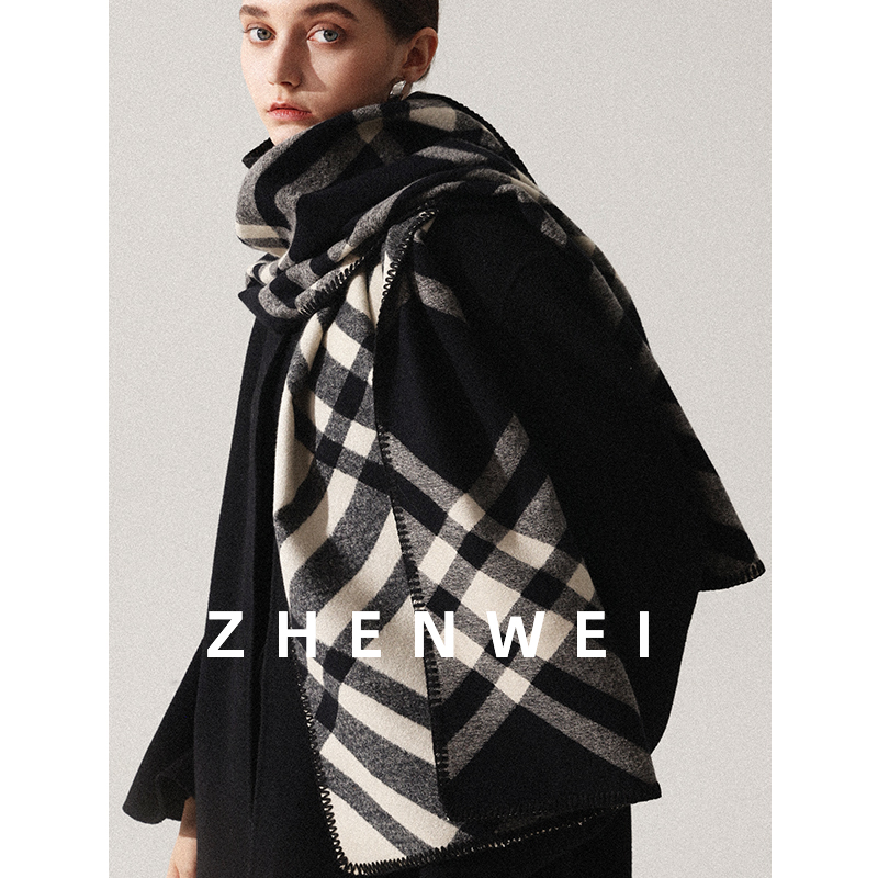 全智贤同款围巾女冬季披巾加长加宽大披肩黑色格纹黑白格子围脖男