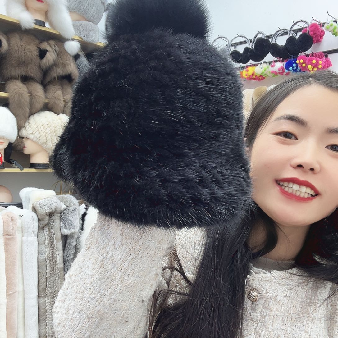 水貂毛黑色水貂帽檐帽带球不退换