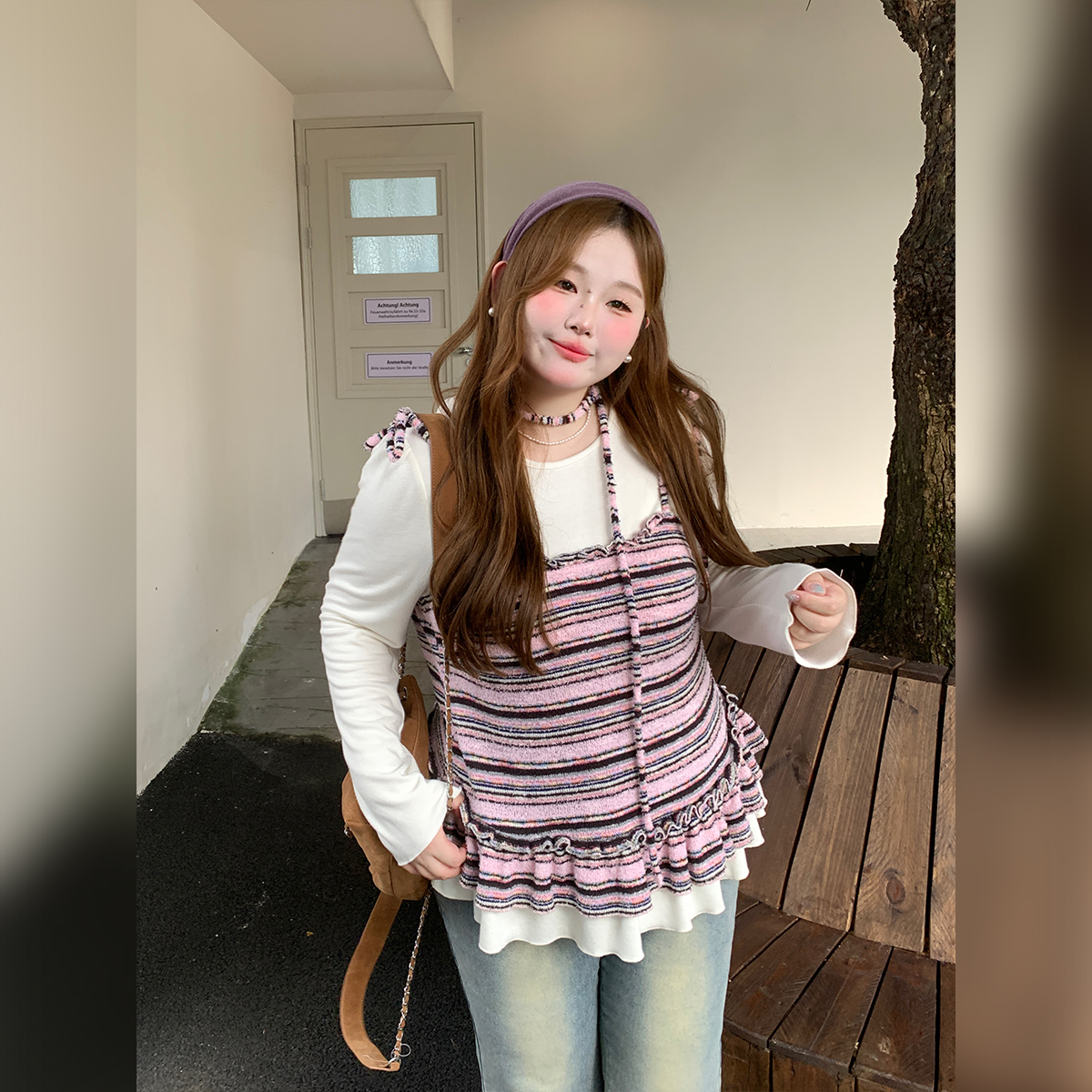 94徐达布【纳杏秋日】洋气针织衫女早秋新款条纹拼杏上衣Z38194C53