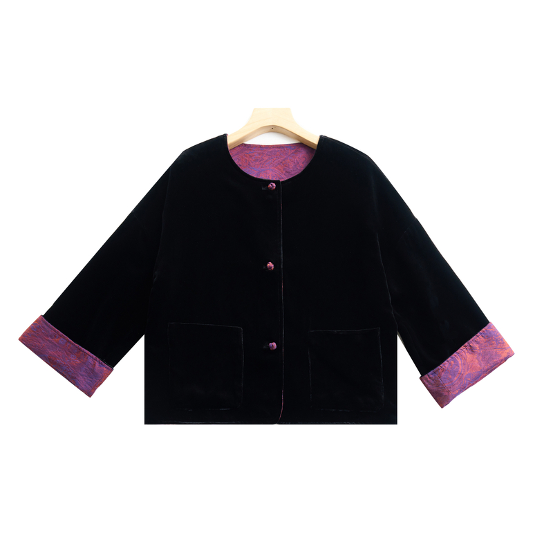 DY2969鎏金提花真丝绒两面穿新中式外套女圆领撞色休闲百搭上衣秋