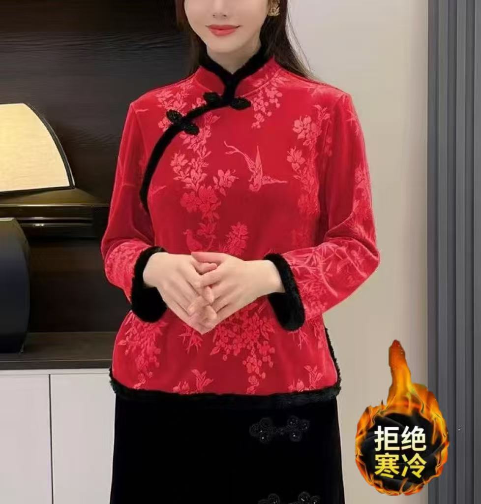 东方美（加厚绒）新中式复古斜盘扣加厚绒提花气质上衣