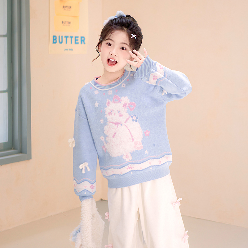 旗铂-小猫咪 儿童毛衣2025秋冬儿童洋气套头针织衫加厚