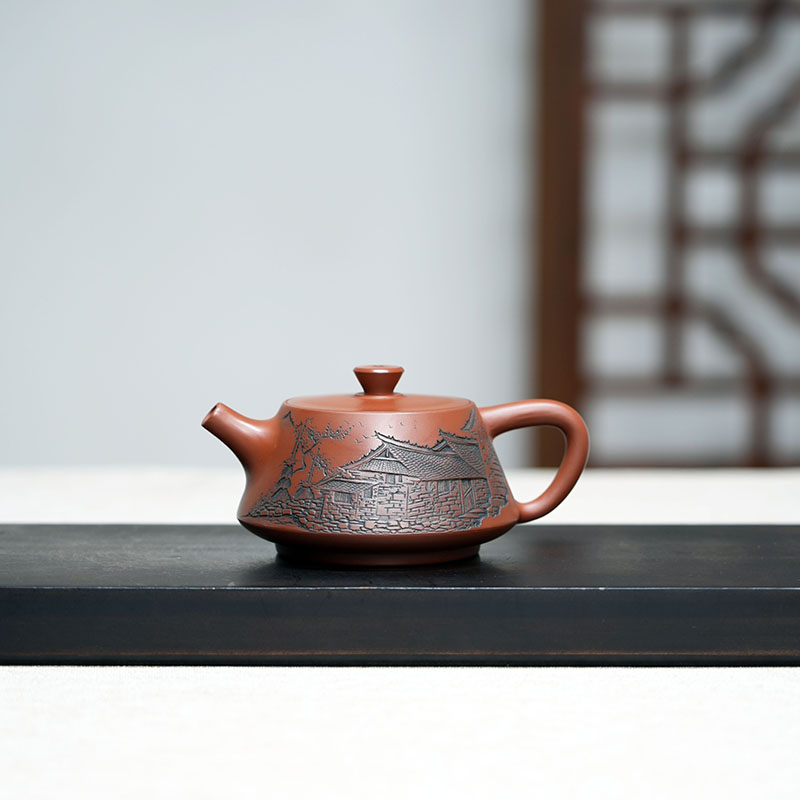 3号 高瓢壶刻绘名居图中式陶壶230毫升精雕茶器 纯手工坭兴陶茶壶