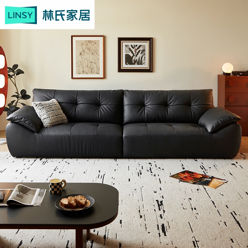 林氏家居大黑熊真皮沙发客厅2025新款黑色中古风意式沙发PS662-A