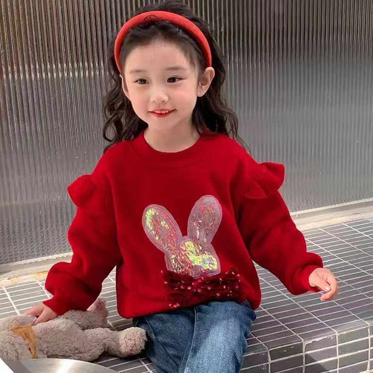 女童加绒卫衣冬装2025韩版新年款上衣女宝宝洋气喜庆过年衣服