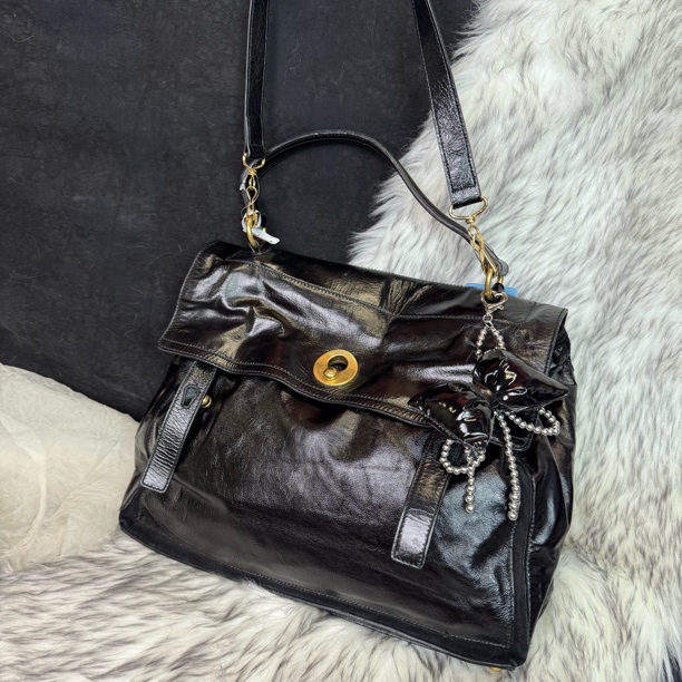 95新 YSL/圣罗兰 黑金油蜡翻盖单肩包