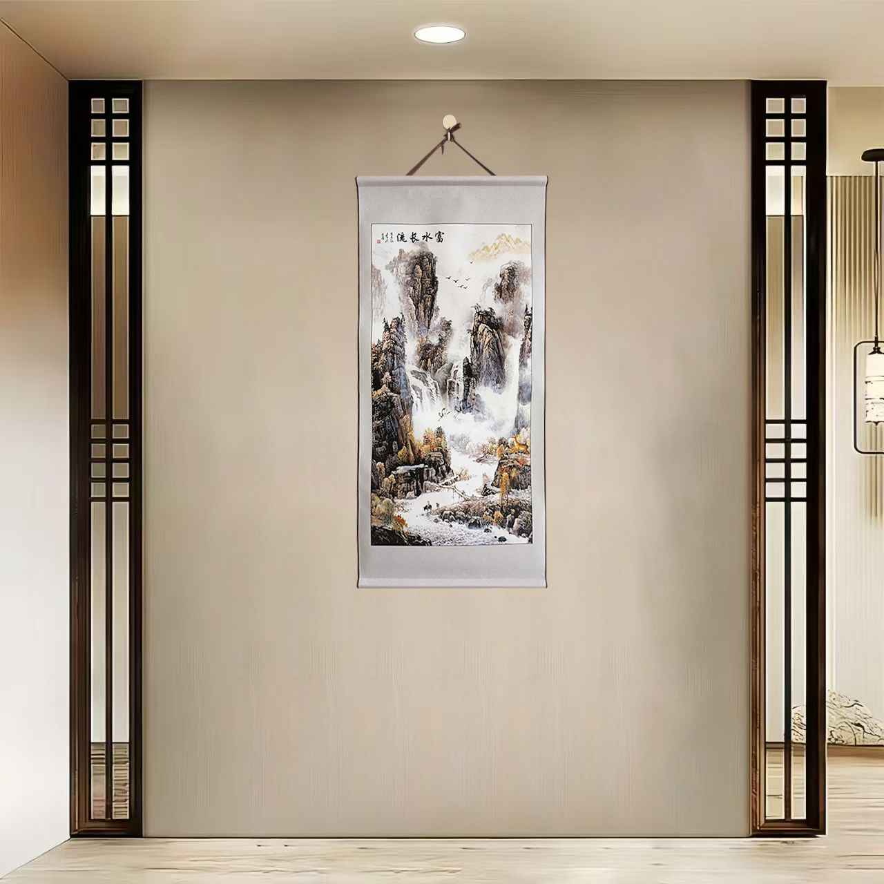 【40-76富水长流】40x85cm现代简约挂轴装饰画办公室家居装饰画