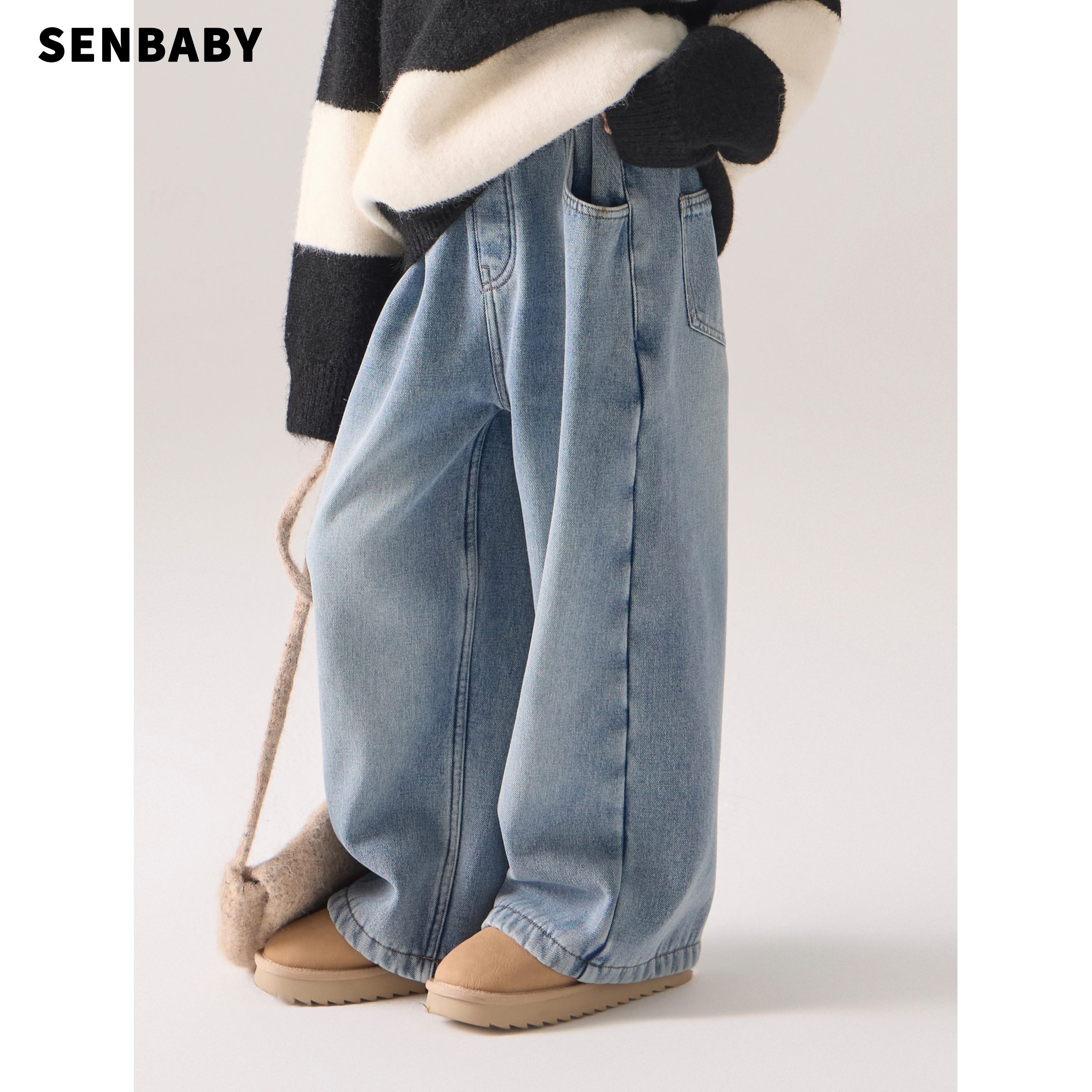senbaby童装直筒牛仔裤2025冬季韩版休闲加绒保暖浅色牛仔裤