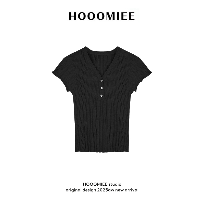 Hooomiee100莱赛尔V领针织衫温柔女士休闲坑条套头短袖J25046