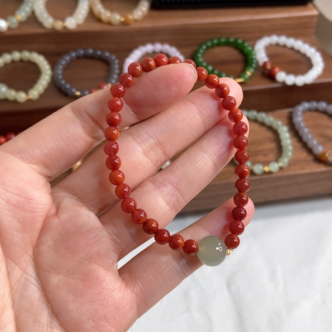 南红玛瑙手链18K金镶嵌5mm南红牛血红