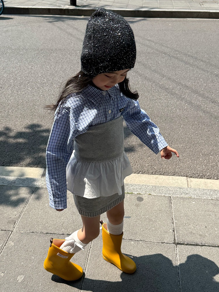 女童miu系格子衬衫儿童贴标长袖翻领衬衣2025春秋新款叠穿