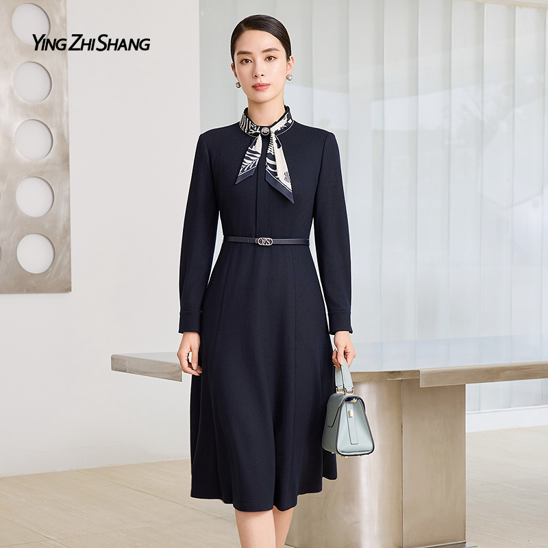 赢智尚大女主气质裙！杜维埃蓝连衣裙可拆卸丝巾高智职场ZF03780