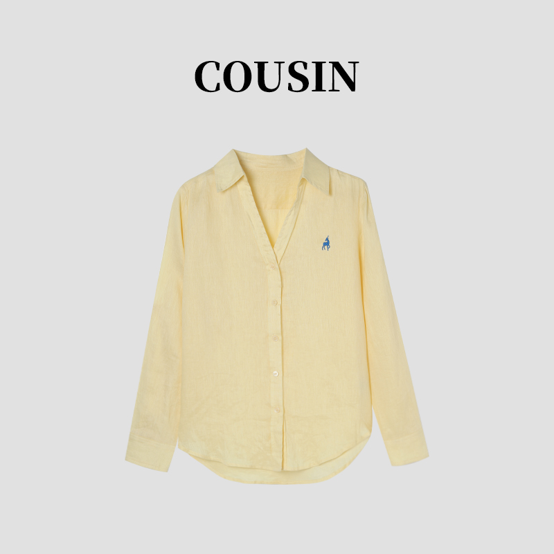 慵懒风黄色长袖衬衫女春季新款polo领宽松 2159