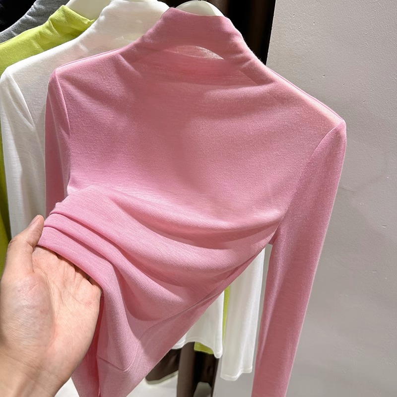 粉色半高领打底衫女秋季软糯长袖修身内搭薄款高级感百搭T恤上衣