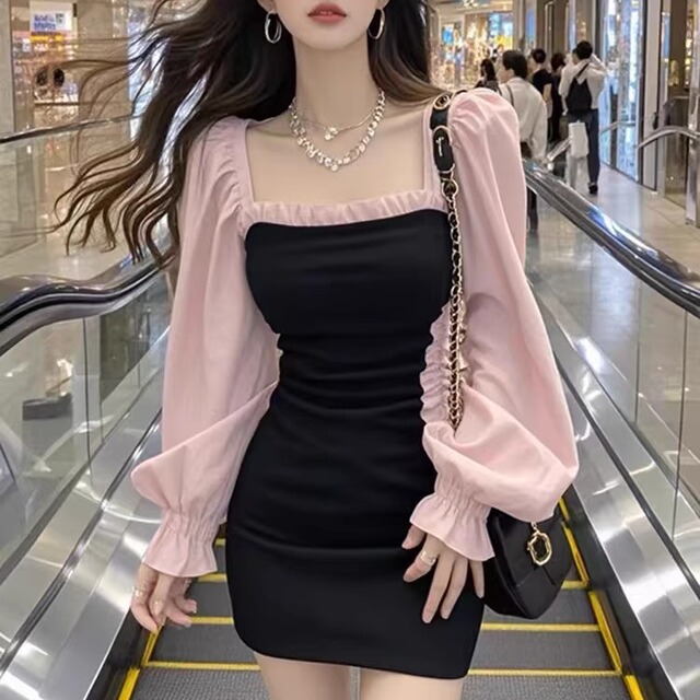 法式拼接色方领灯笼袖连衣裙女秋冬新款甜美减龄时尚高级感纯欲风