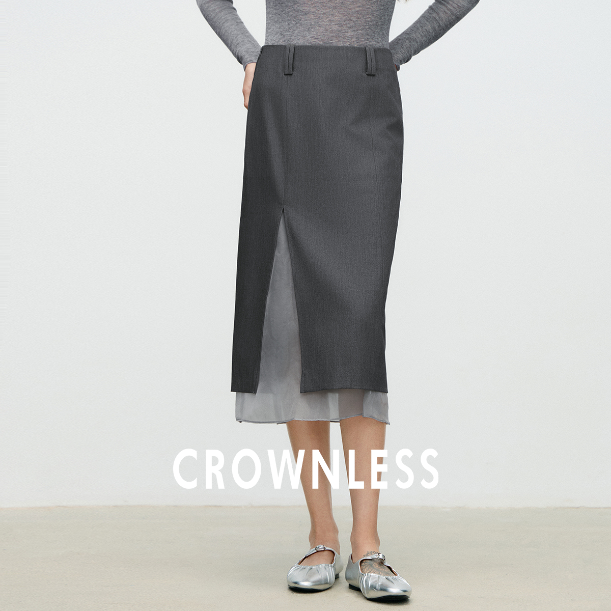 CROWNLESS未冕静奢风醋纤羊毛/仿真丝薄纱层次感假两件开衩半身裙