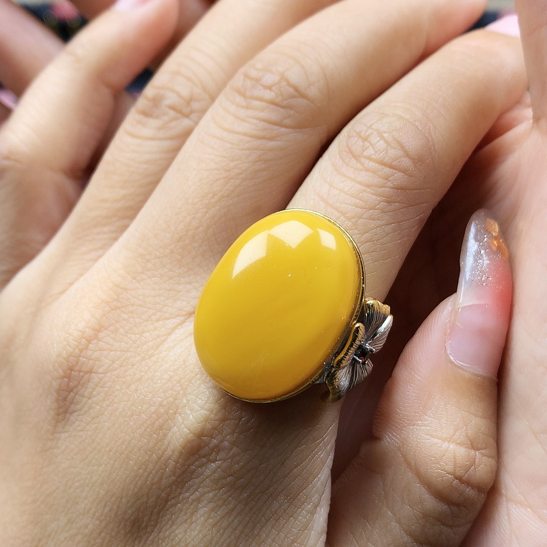 蜜蜡戒指银S925镶嵌戒指