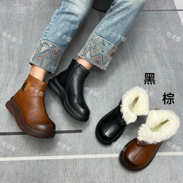 25902 纯皮厚底棉里简约舒适保暖百搭复古短靴