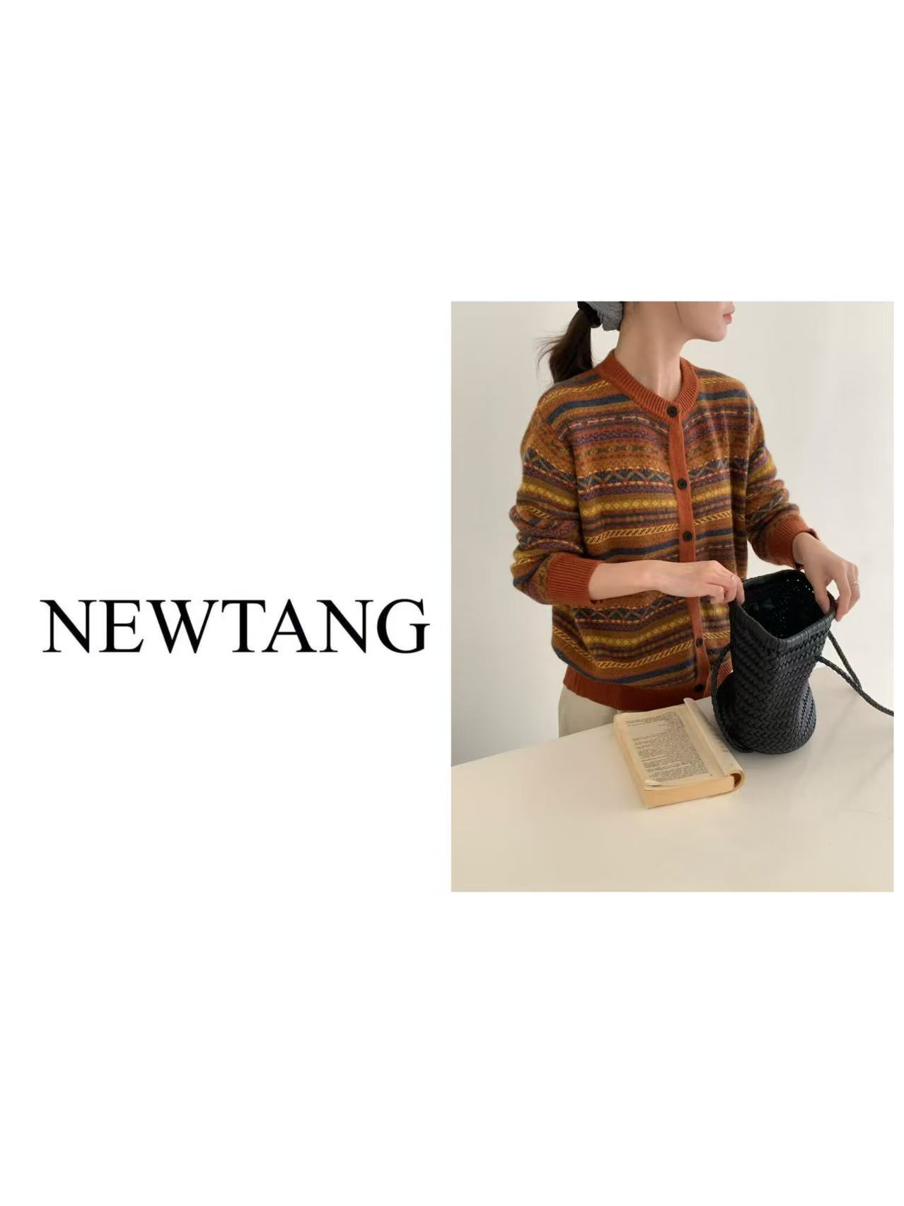 【撞色桔】342气质圆领开衫上衣时尚洋气设计感毛针织衫女