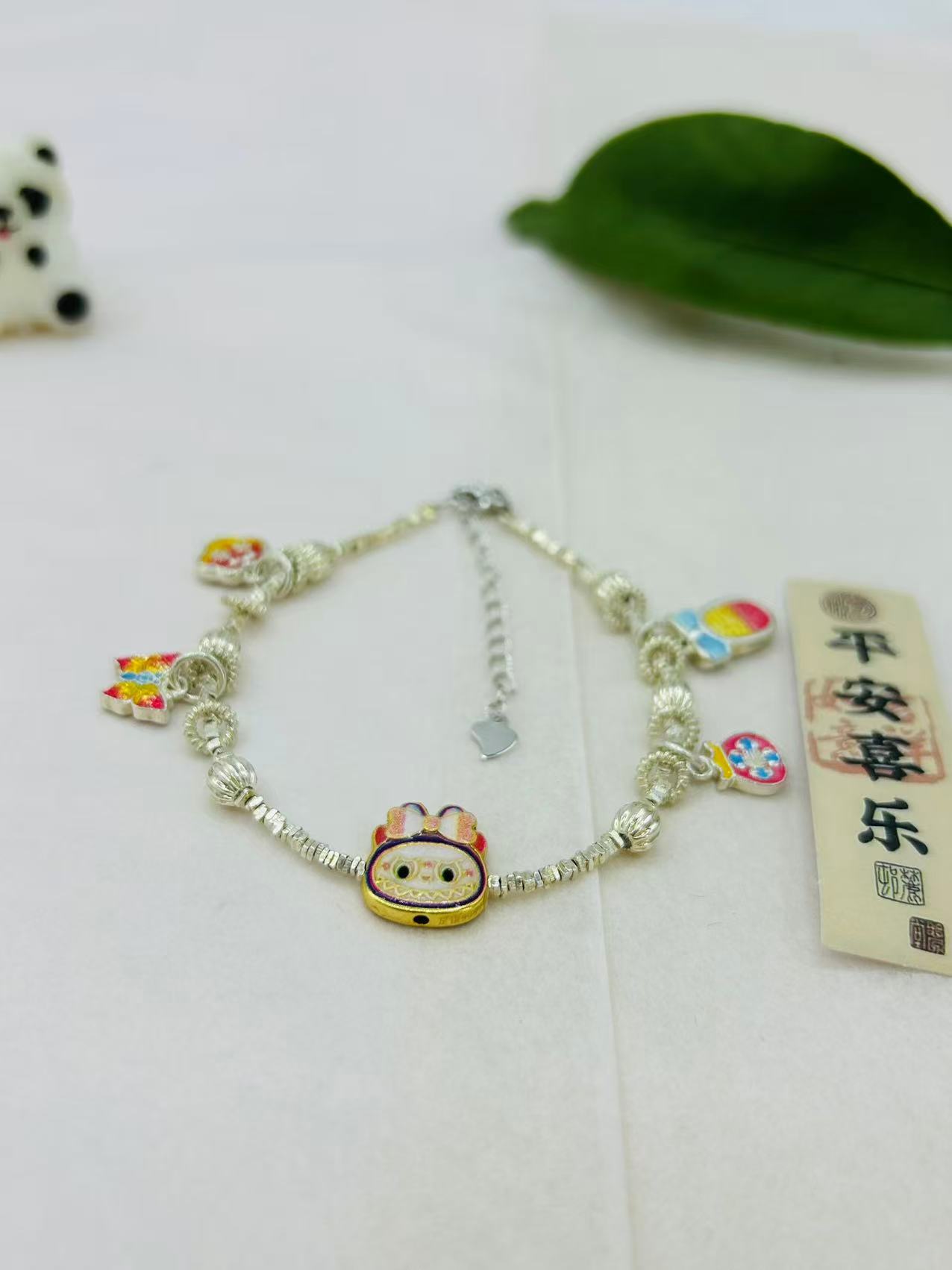 足银珐琅手链 纯银碎银子拉布布手串