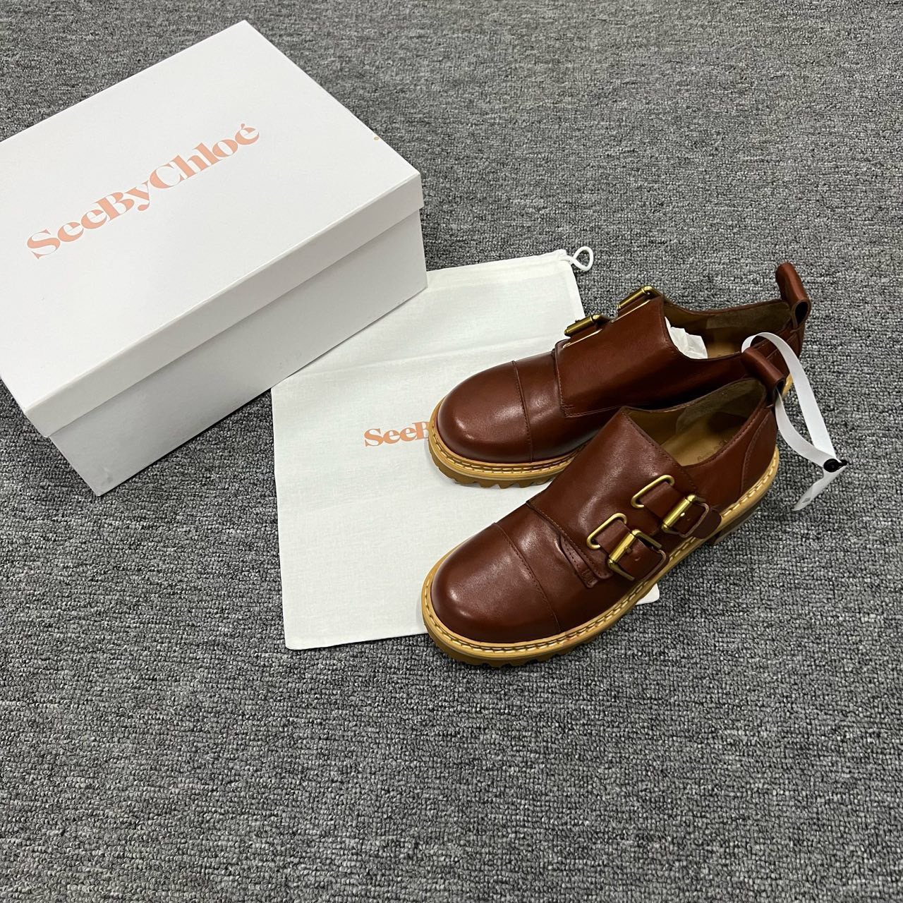 99新  See By Chloe 棕色牛皮德比厚底皮鞋 38码/99新/原盒防尘袋
