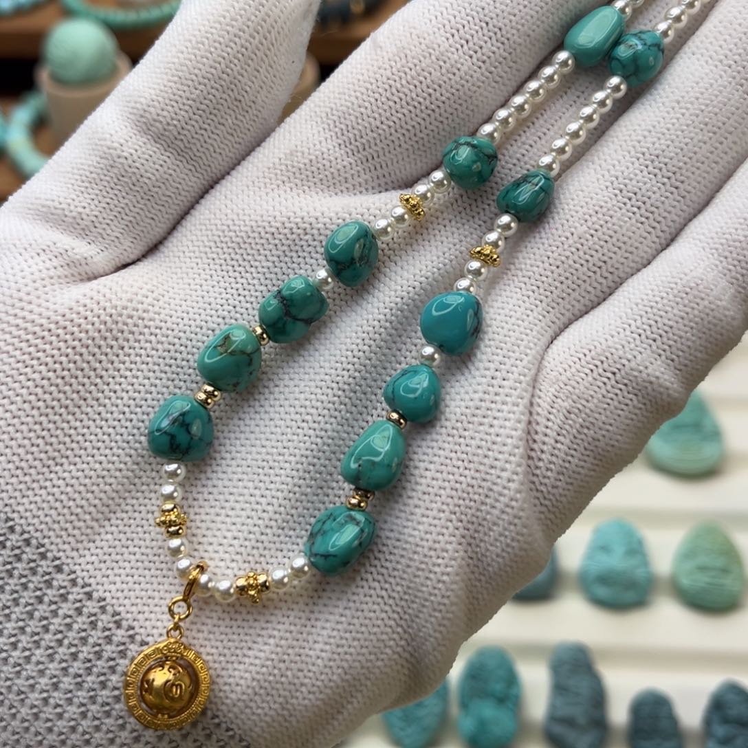 绿松石未镶嵌珠宝奇石绿随形项链