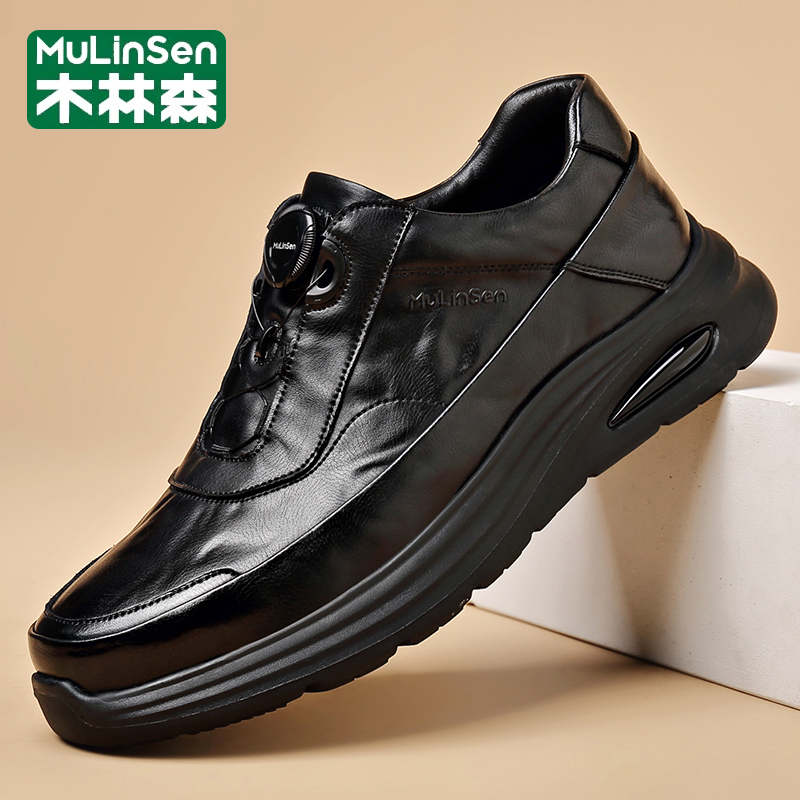 木林森秋冬新款黑色手工透气休闲皮鞋商务百搭软底防滑时尚潮鞋