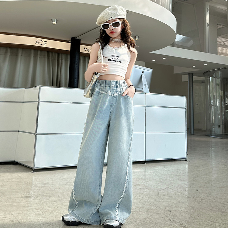 女童花边天丝阔腿裤25夏装洋气儿童中大童防蚊裤宽松夏天薄款裤子