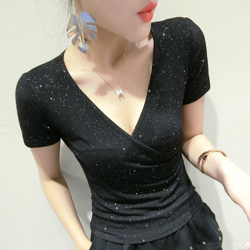 2024夏季洋气荷叶边镶钻收皱V领短袖T恤女气质修身显瘦百搭上衣潮