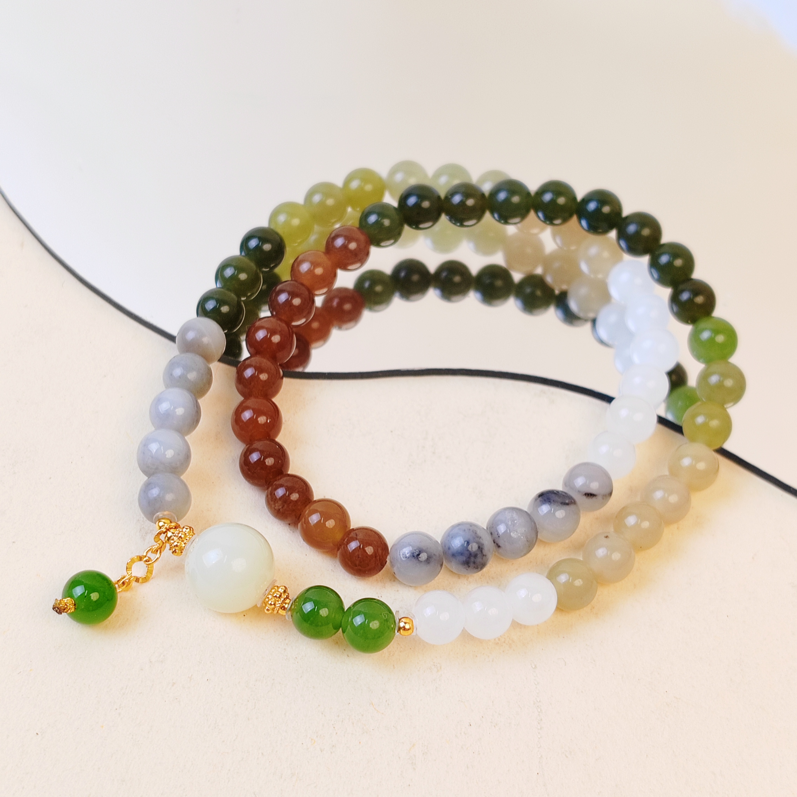  战损版-和田玉多宝手作设计双圈手串（微瑕）