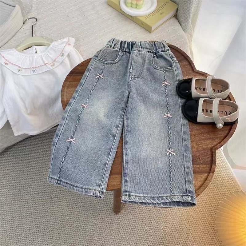 现货SC026 2025牛仔长裤 女童春季蝴蝶结直筒裤