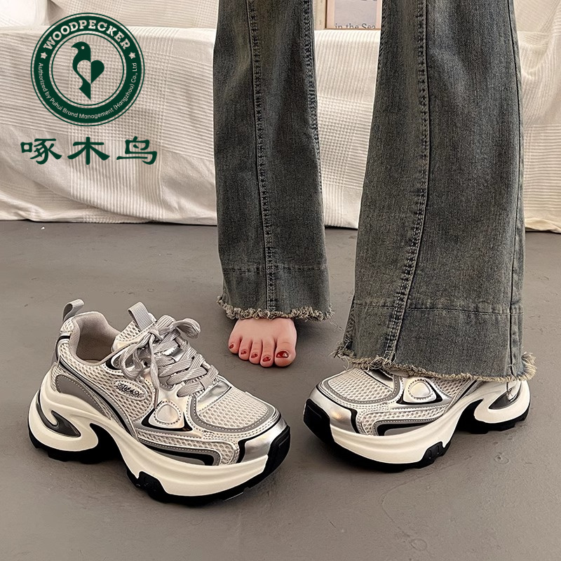 啄木鸟爆款百搭厚底老爹鞋女春季新款增高网面透气休闲运动鞋子女