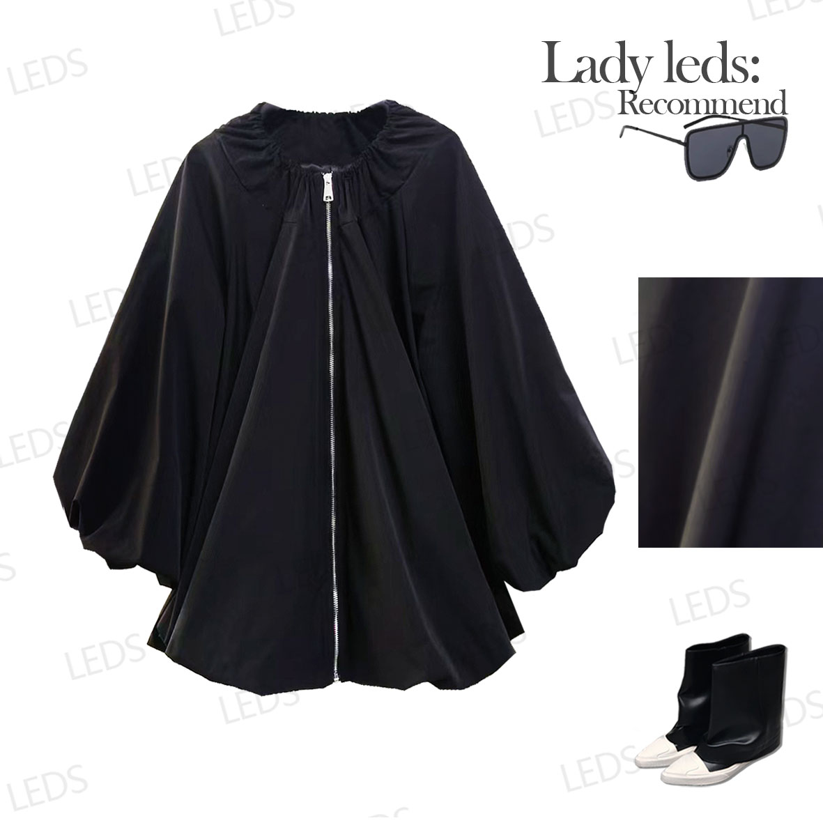 LEDS S726【泡芙小姐出街】秋季设计师时尚松紧领泡泡风拉链外套