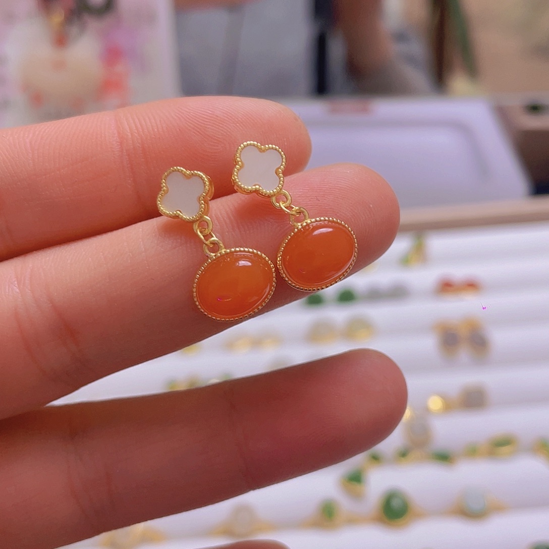 和田玉耳饰银S925镀金镶嵌