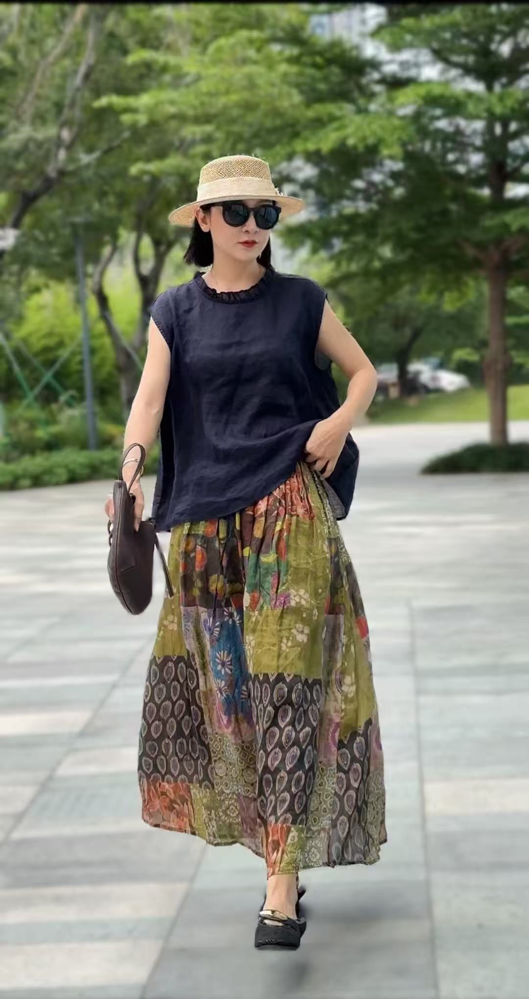 复古印花宽松显瘦百搭苎麻松紧腰夏季半身裙6538