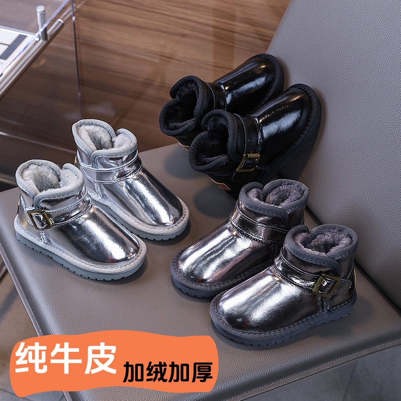 2025冬季新款男女儿童轻便真皮加绒加厚雪地靴 防水防滑软底鞋子