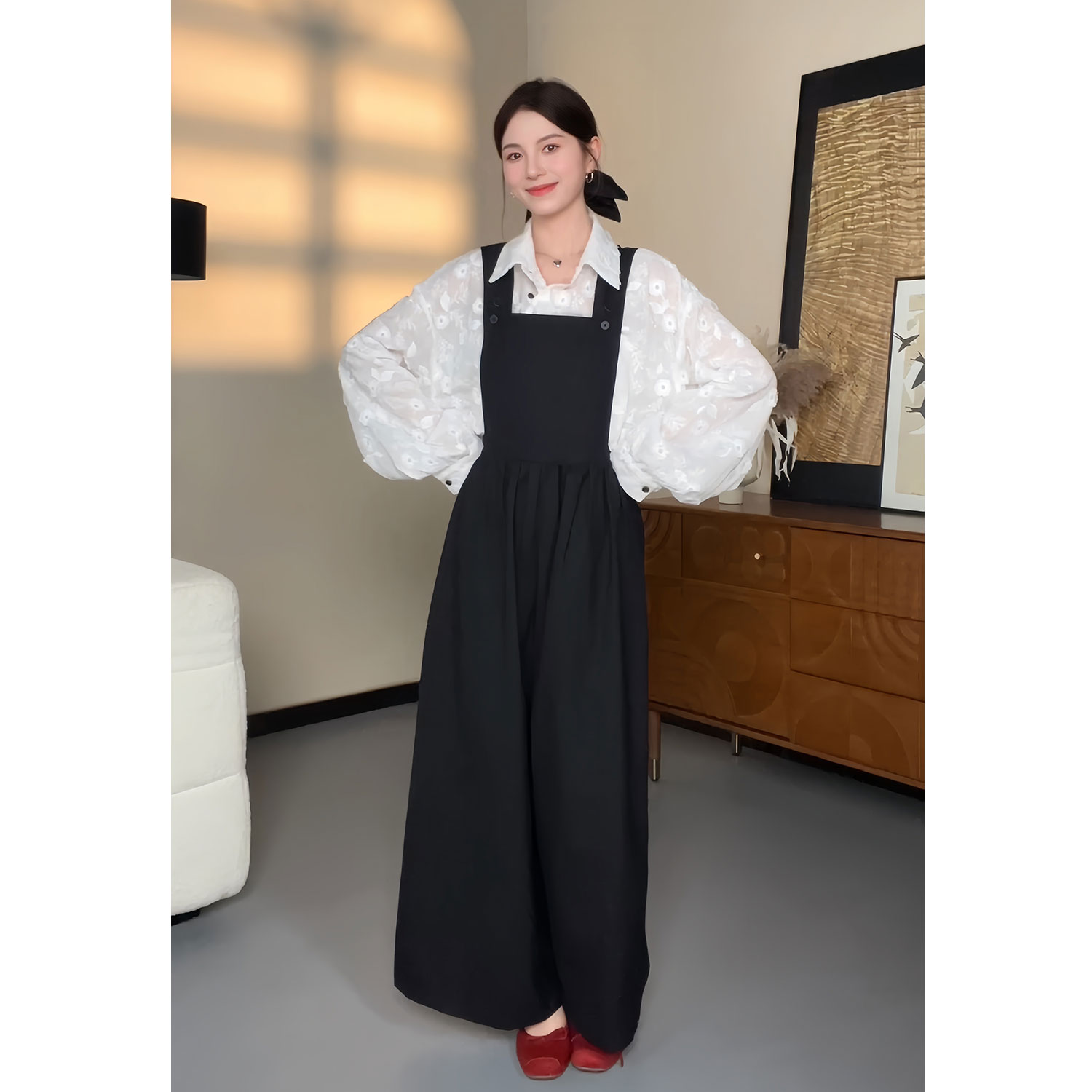 YAMM~设计感减龄阔腿黑色宽松显瘦九分背带裤