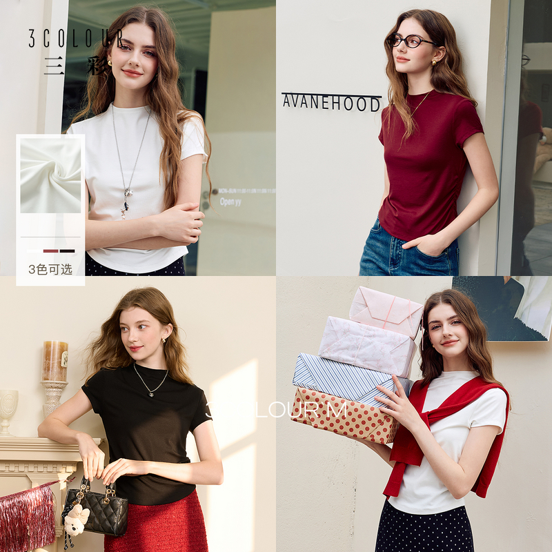 【莱赛尔】三彩2026春季新款T恤半高领正肩短袖上衣打底修身M