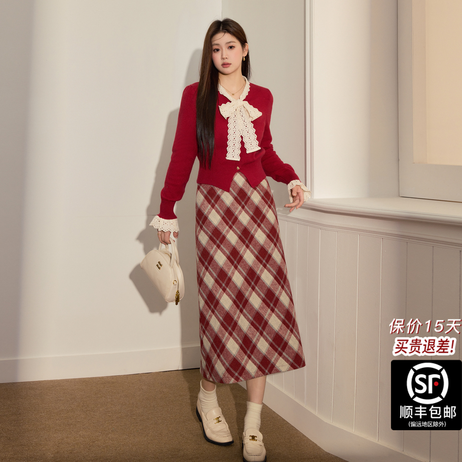 蓝语大码胖mm法式蝴蝶结红色针织上衣显瘦格纹半身裙冬季韩系套装