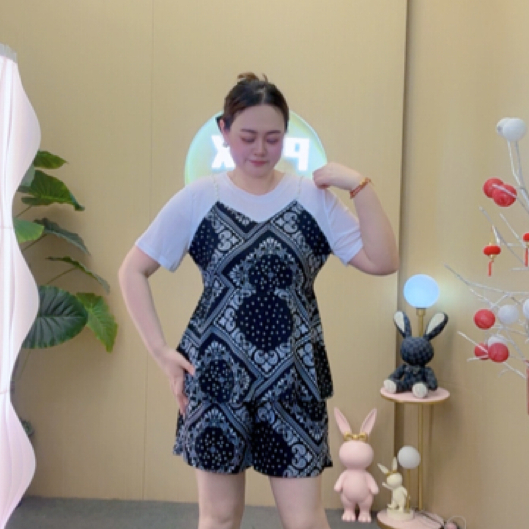 2025夏季新款拼接半袖上衣短裤套装两件套显瘦百搭碎花898088