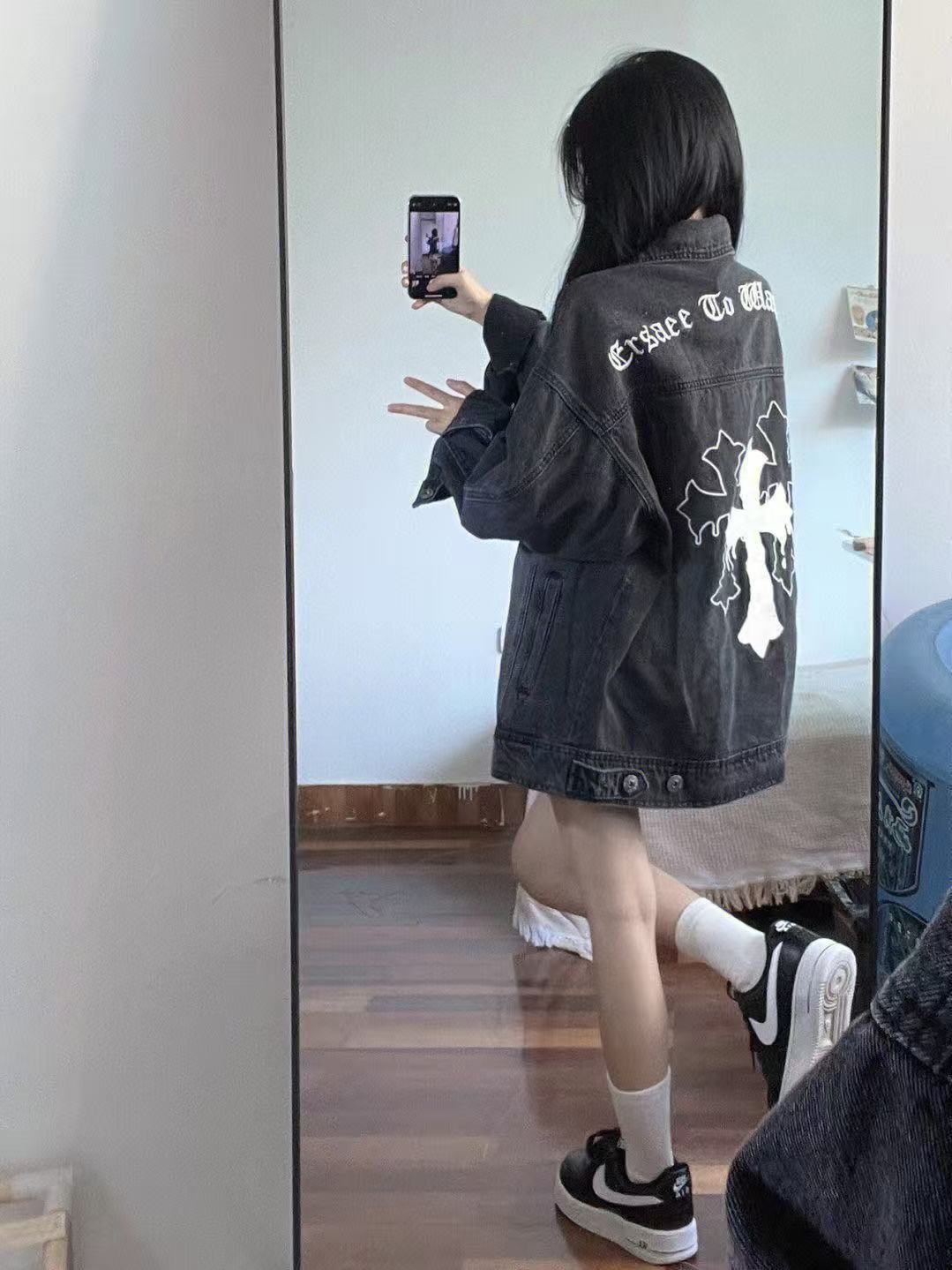 2025新款美式高街牛仔外套夏ins新款百搭街头夹克嘻哈阴阳师联名