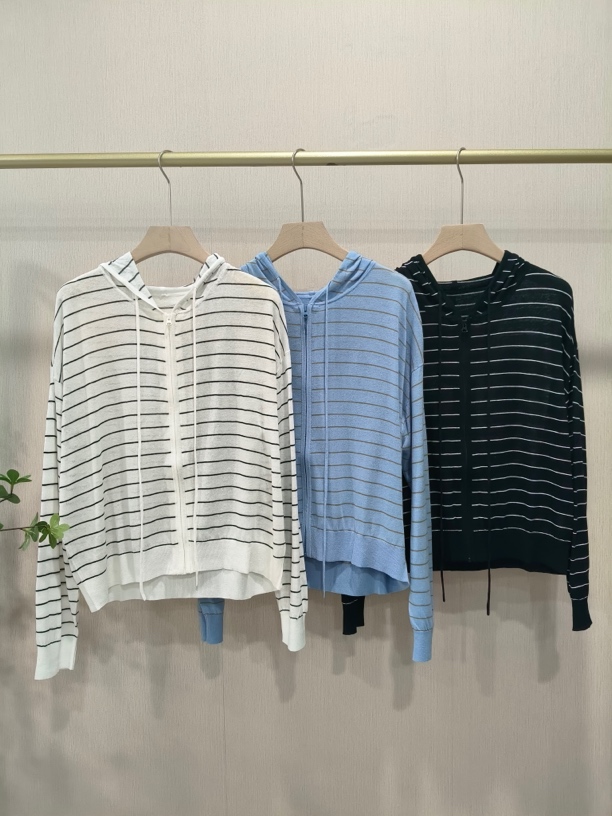 【Hua】241横条纹薄款连帽针织开衫春夏季新款百搭休闲短款开衫外套