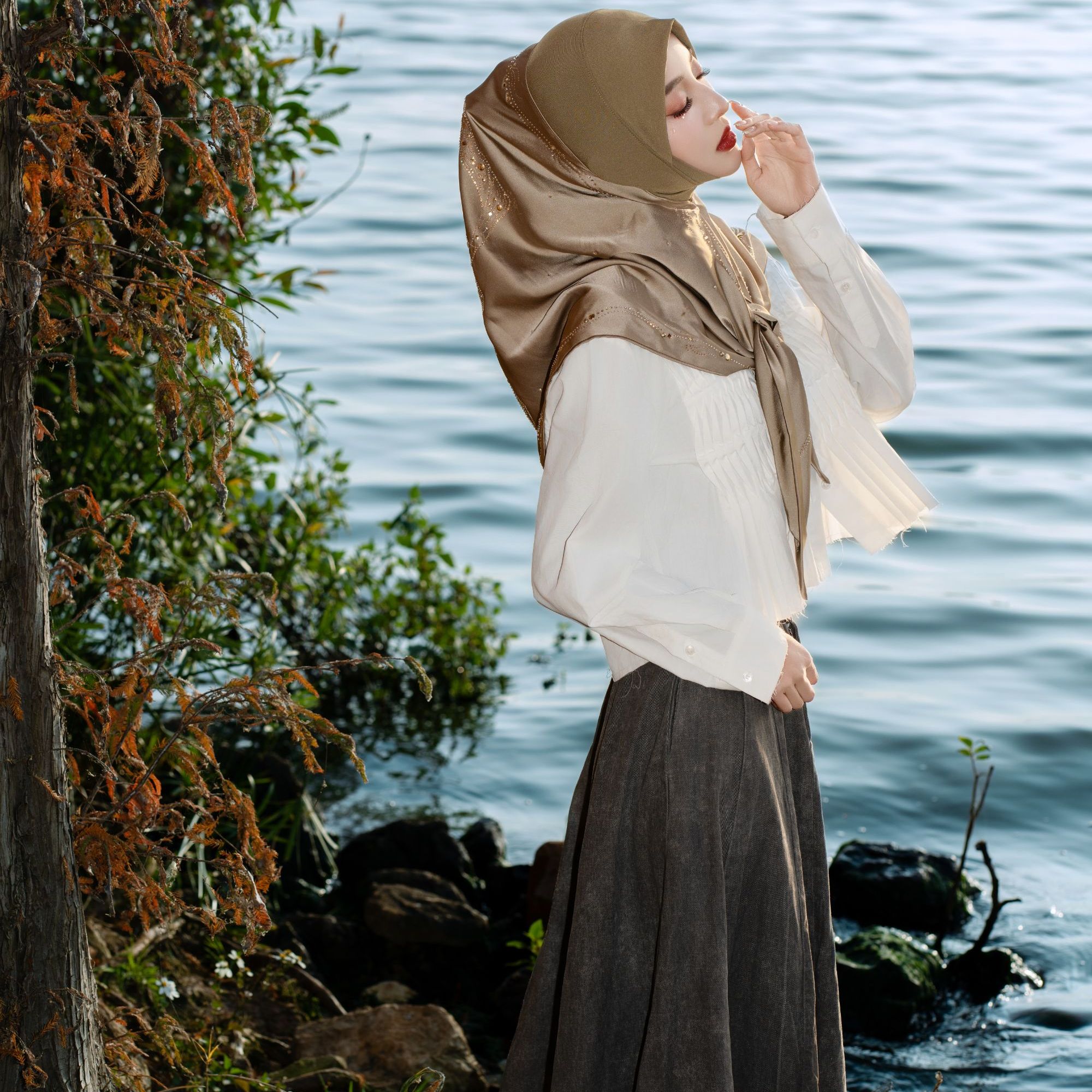 DUHA朵哈【星菈】原创蝴蝶结满钻三角巾方便软帽