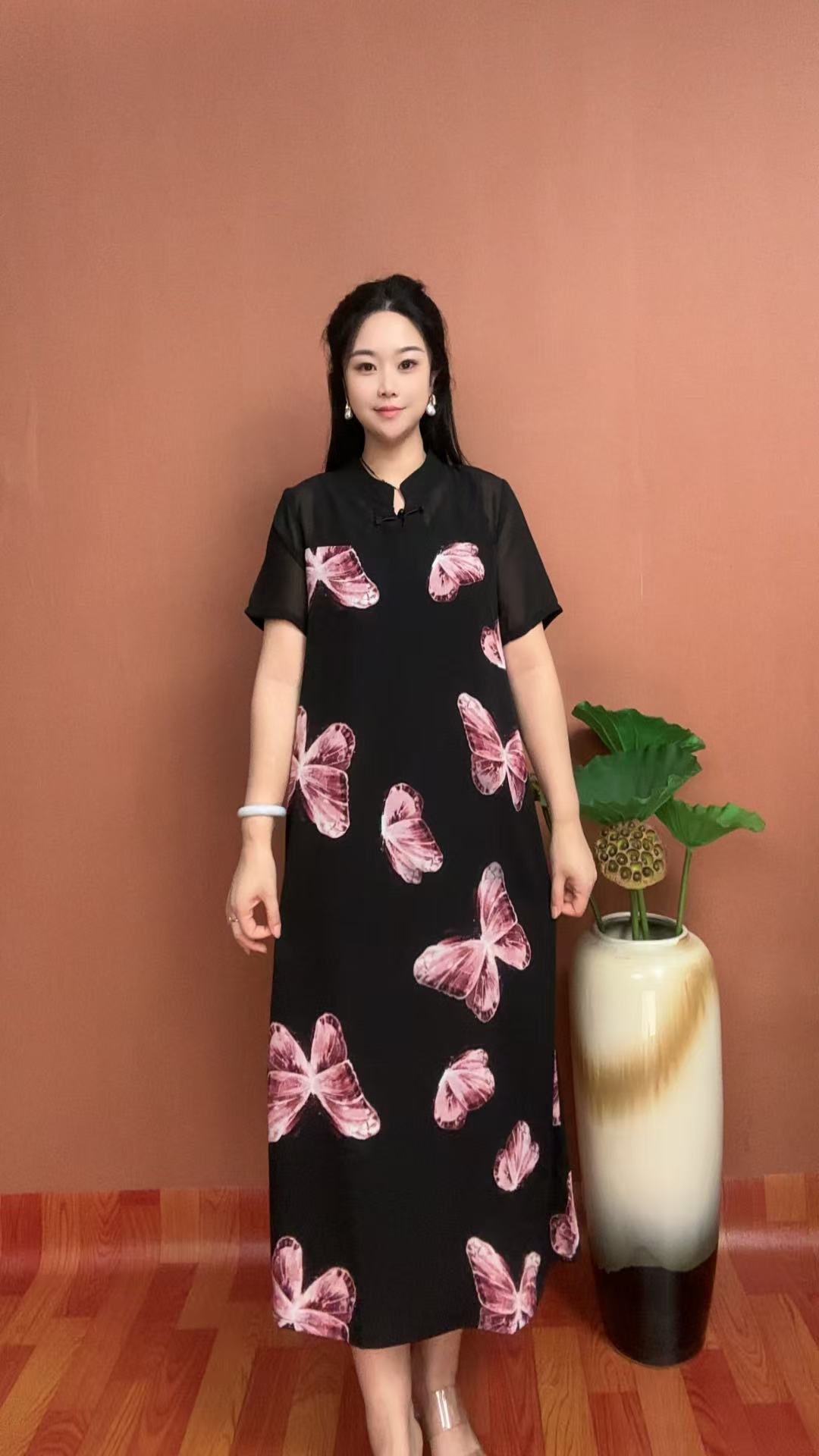 3(蝴蝶花）夏季简约立领时尚显瘦气质女装宽松中长款连衣裙