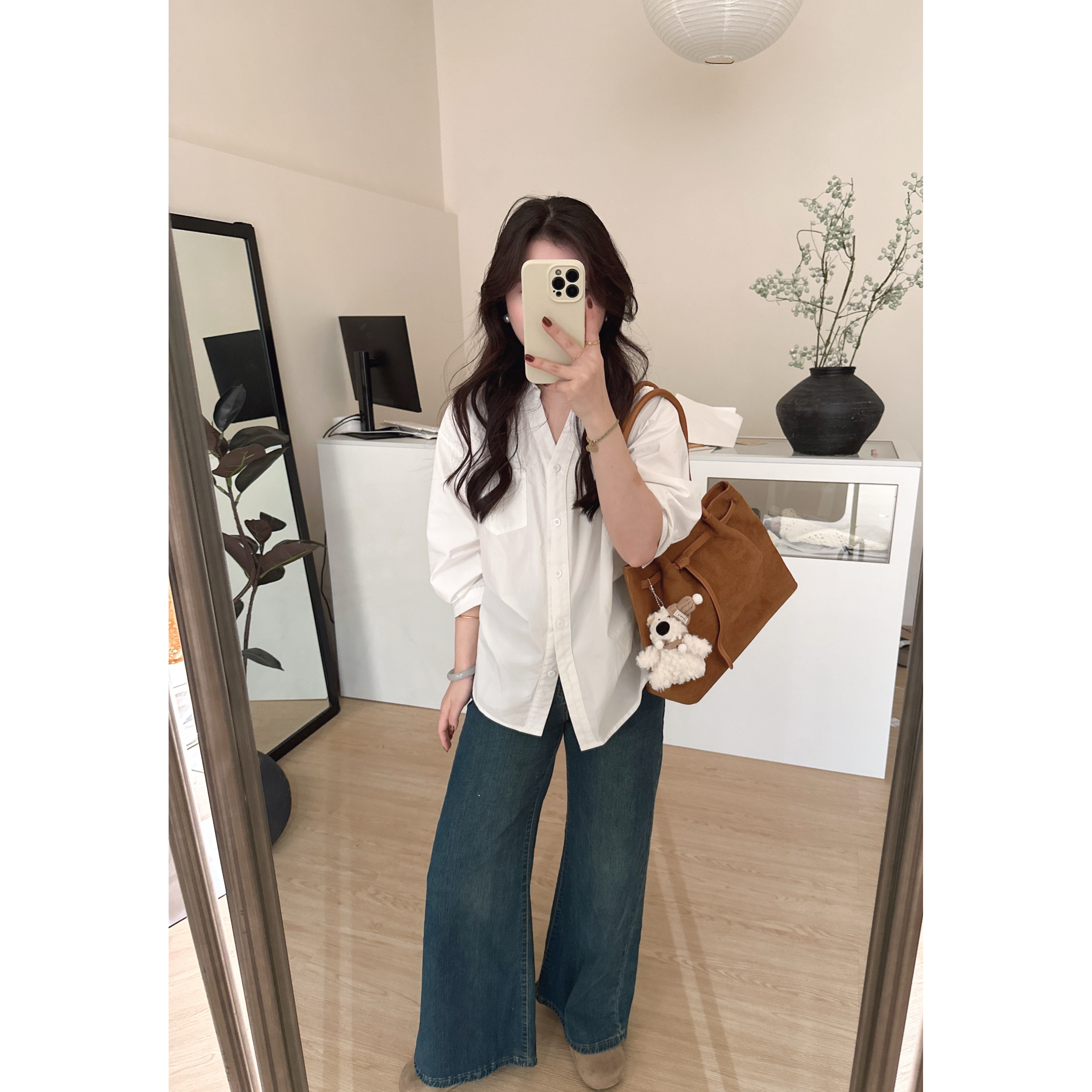 韩版休闲时尚翻领白色收腰独特设计感别致衬衫女新款衬衣5808