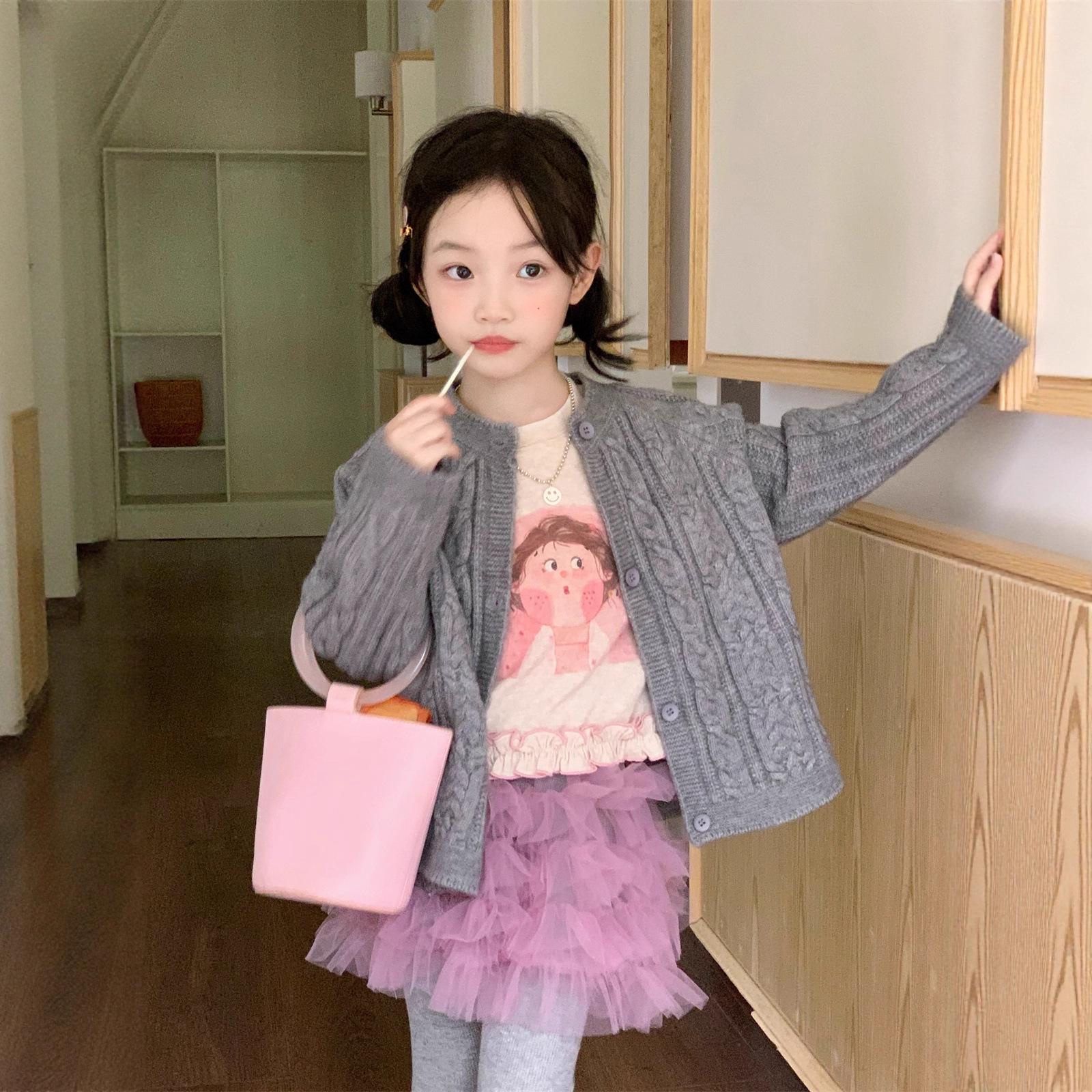 空空子.Studio【麻花女孩】2025秋季新款女童毛线开衫长袖群裤套装