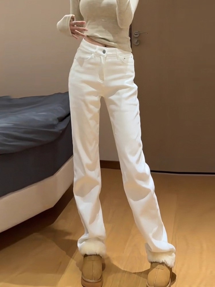 白色高腰加绒窄版阔腿牛仔裤女2025秋冬季保暖加厚小个子直筒长裤