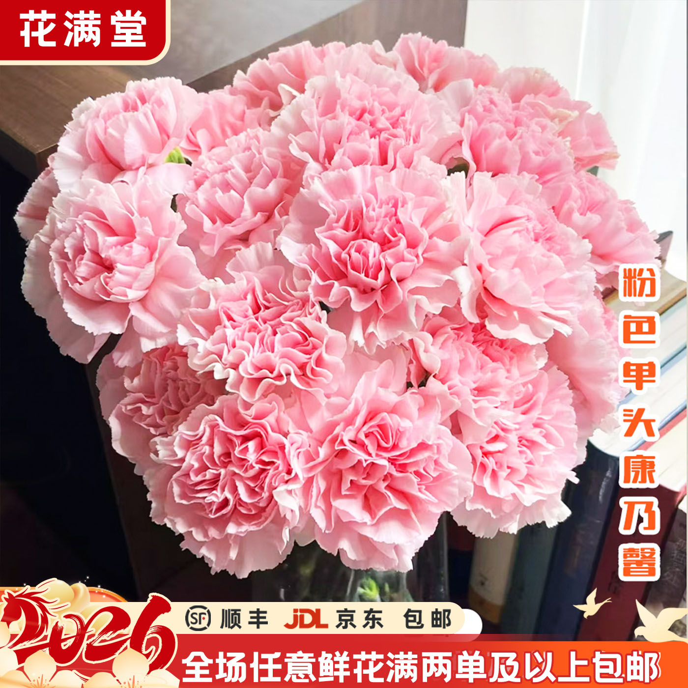 新年快乐【次日达·粉色单头康乃馨】粉色康乃馨10枝·云南鲜切花·生活鲜花·两单鲜花顺丰包邮基地直发三单送花瓶