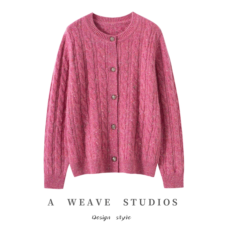 支持质检【100%山羊绒】加厚圆领点子纱麻花开衫外套女