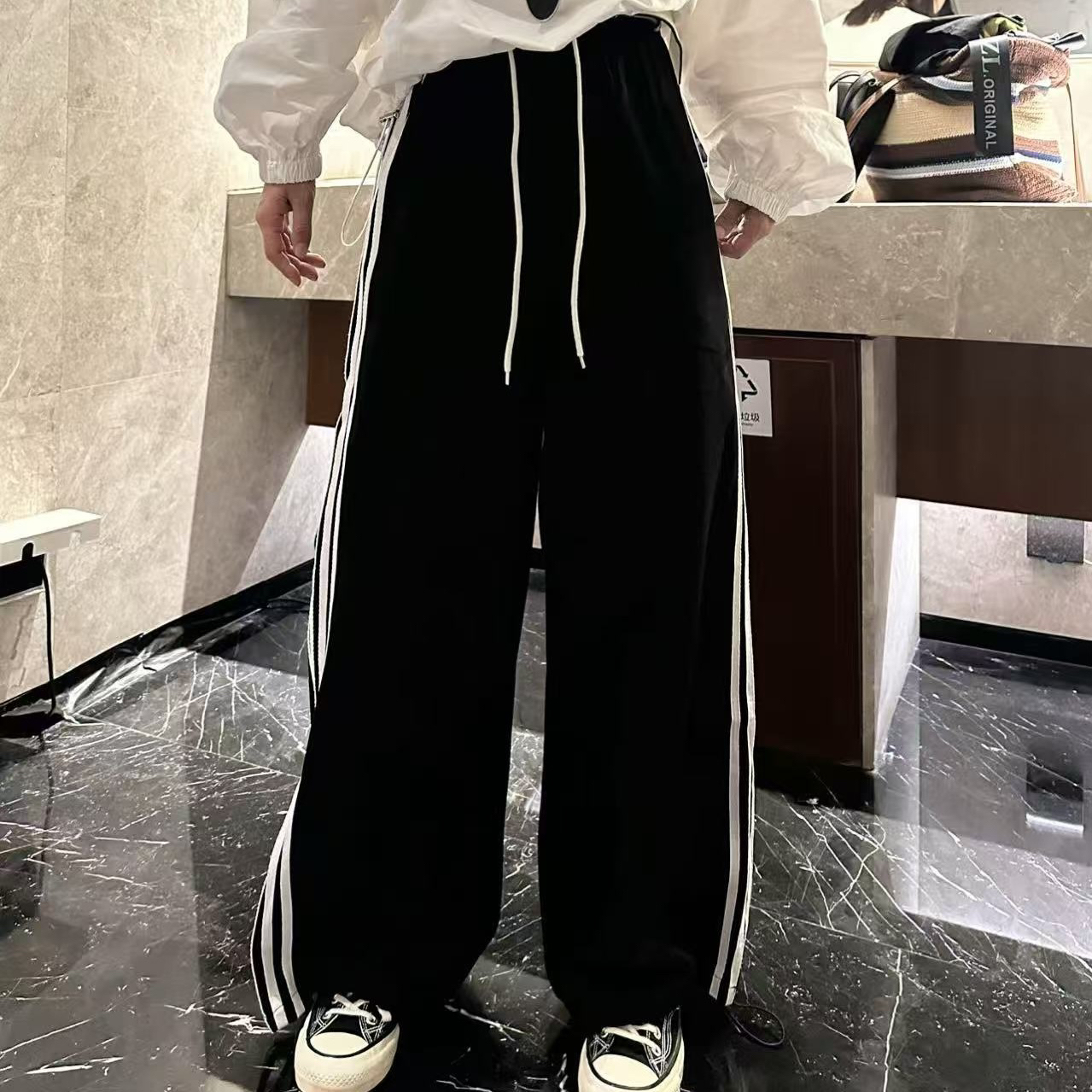 （老三）韩版复古美式四条杠条高腰直筒阔腿休闲裤百搭时尚牛仔裤